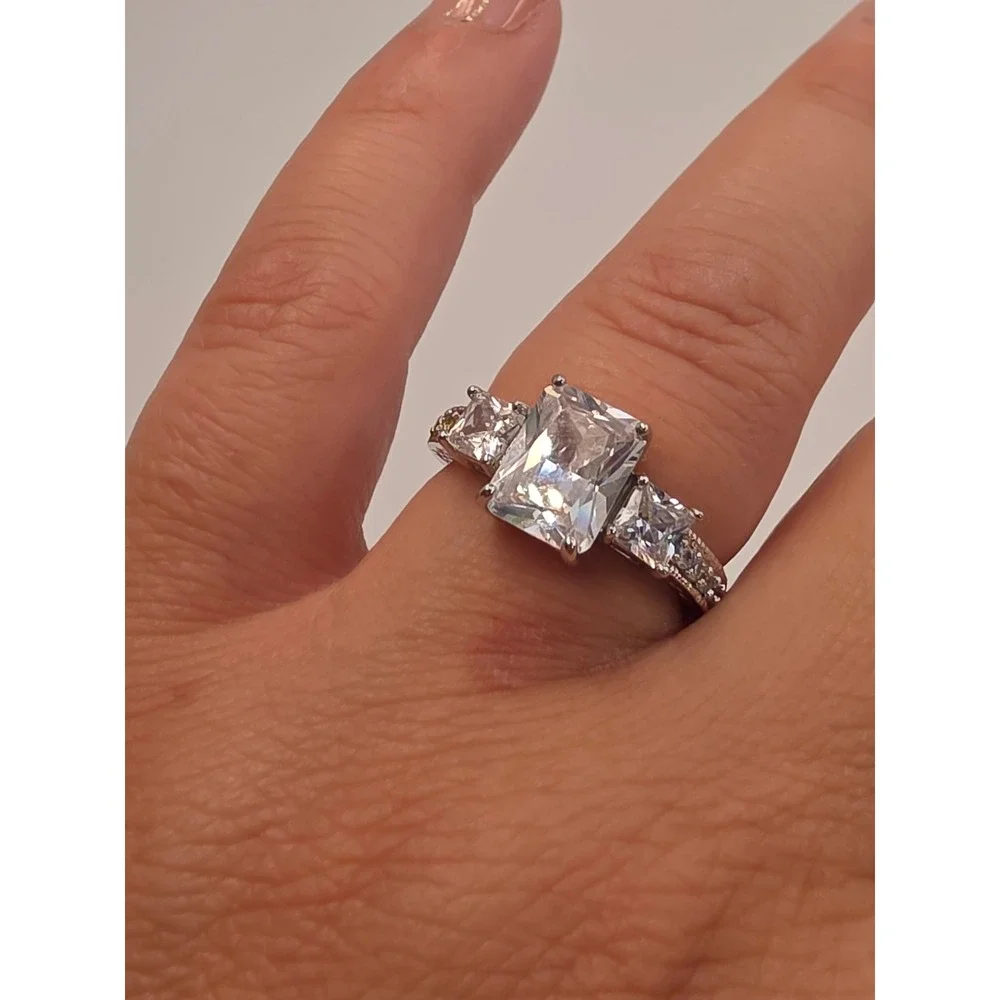 Emerald Cut Three Stone Engagement Ring Silver Tone Size 7.25